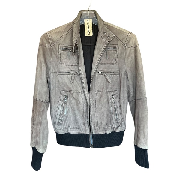 Tusso Grey 100% Leather Zippered Detailed Jacket Sz M - Picture 2 of 8